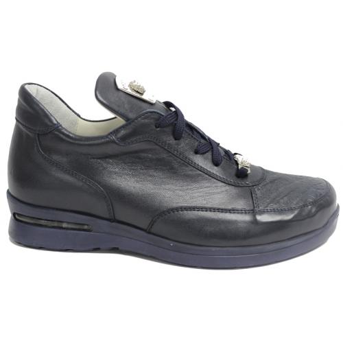 Fennix "3230" Navy Genuine Alligator / Rugged Calfskin / Patent Leather Casual Sneakers With Silver Alligator Head.